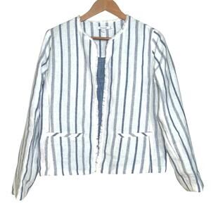 Chico's Size 0 (S/4) Stripe Linen Frayed Open Front Jacket Lined Career Wear